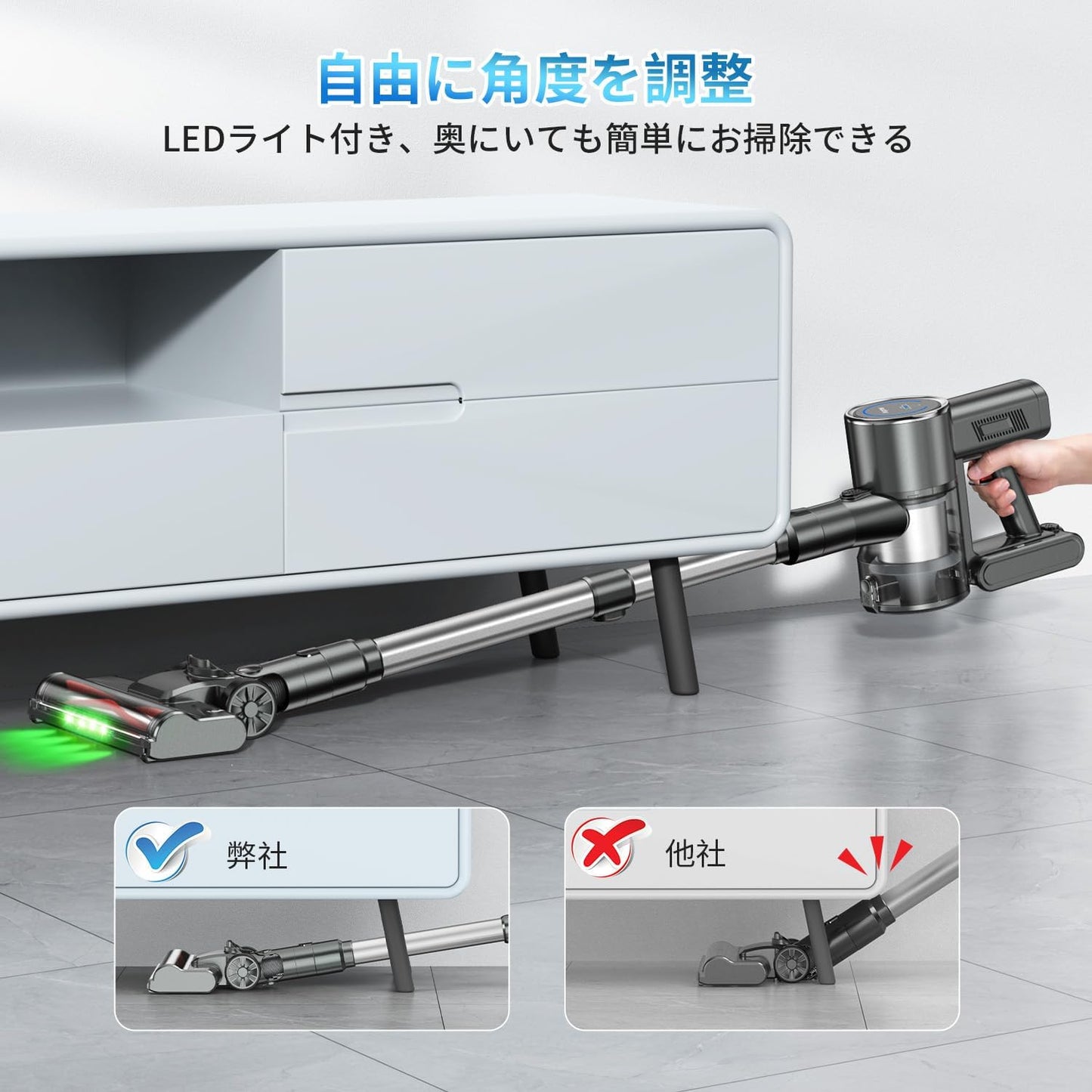 掃除機 コードレス 【強力吸引70kPa・自立式・新登場!】Airpher コードレス掃除機 強力 60分連働 LED液晶ディスプレイ 軽量 低騒音 伸縮パイプ 5重濾過システム 3H急速充電 1L集塵 自立可能 着脱式バッテリー 壁掛け収納 充電式 左右180°上下90°回転 LEDライト4つ付 ワンタッチゴミ捨て ソファー/卓上/本棚/サッシ/車 年内掃除 父の日 プレゼント (灰色)