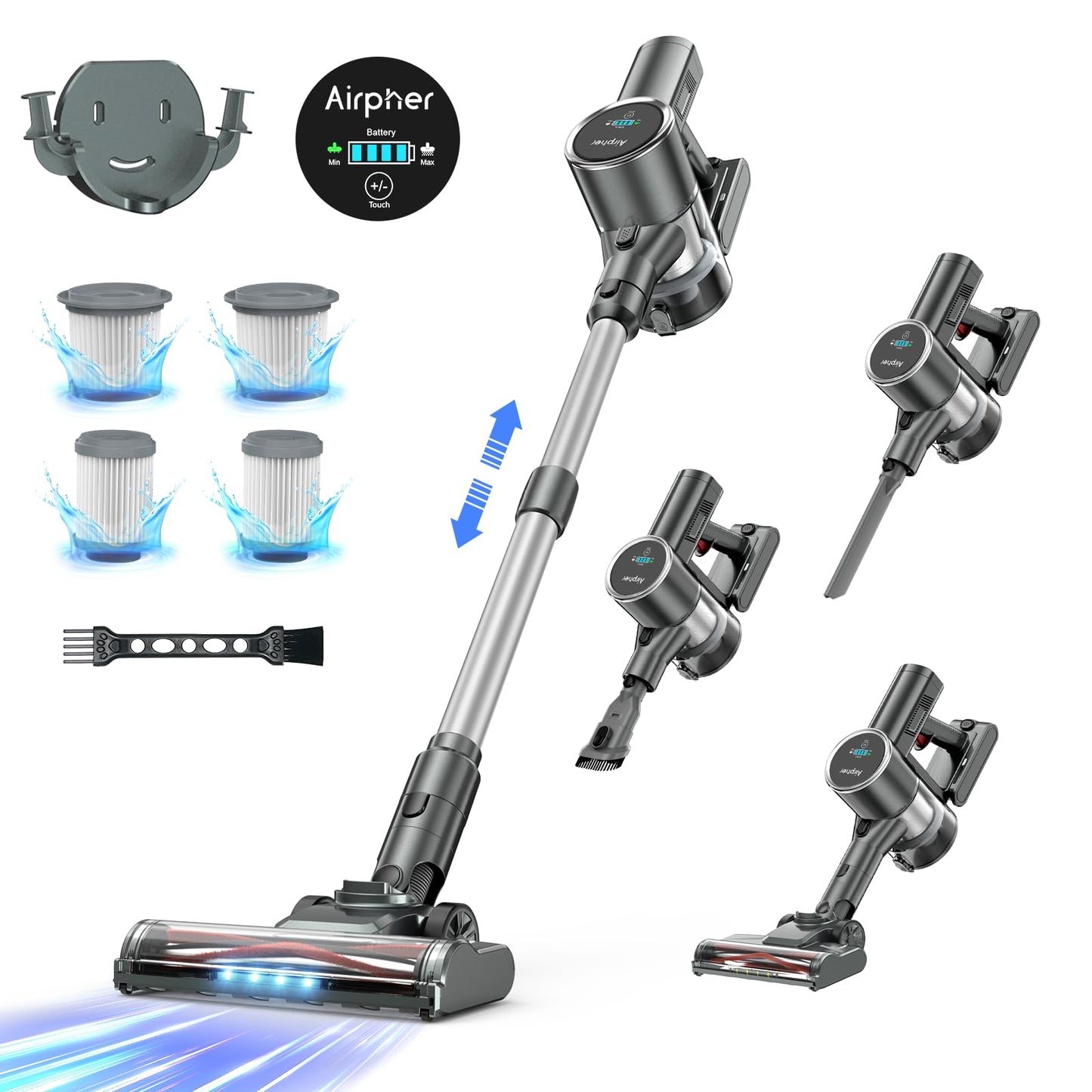 掃除機 コードレス 【48000pa強力吸引・自立式・60分連続稼働】Airpher コードレス掃除機 48kPA 40-60分連働 LED液晶ディスプレイ 軽量 低騒音 伸縮パイプ 5重濾過システム 1L集塵 自立可能 着脱式バッテリー 壁掛け収納 充電式 左右180°上下90°回転 LEDライト4つ付 ワンタッチ ゴミ捨て ソファー/卓上/本棚/サッシ/車 年末掃除 プレゼント