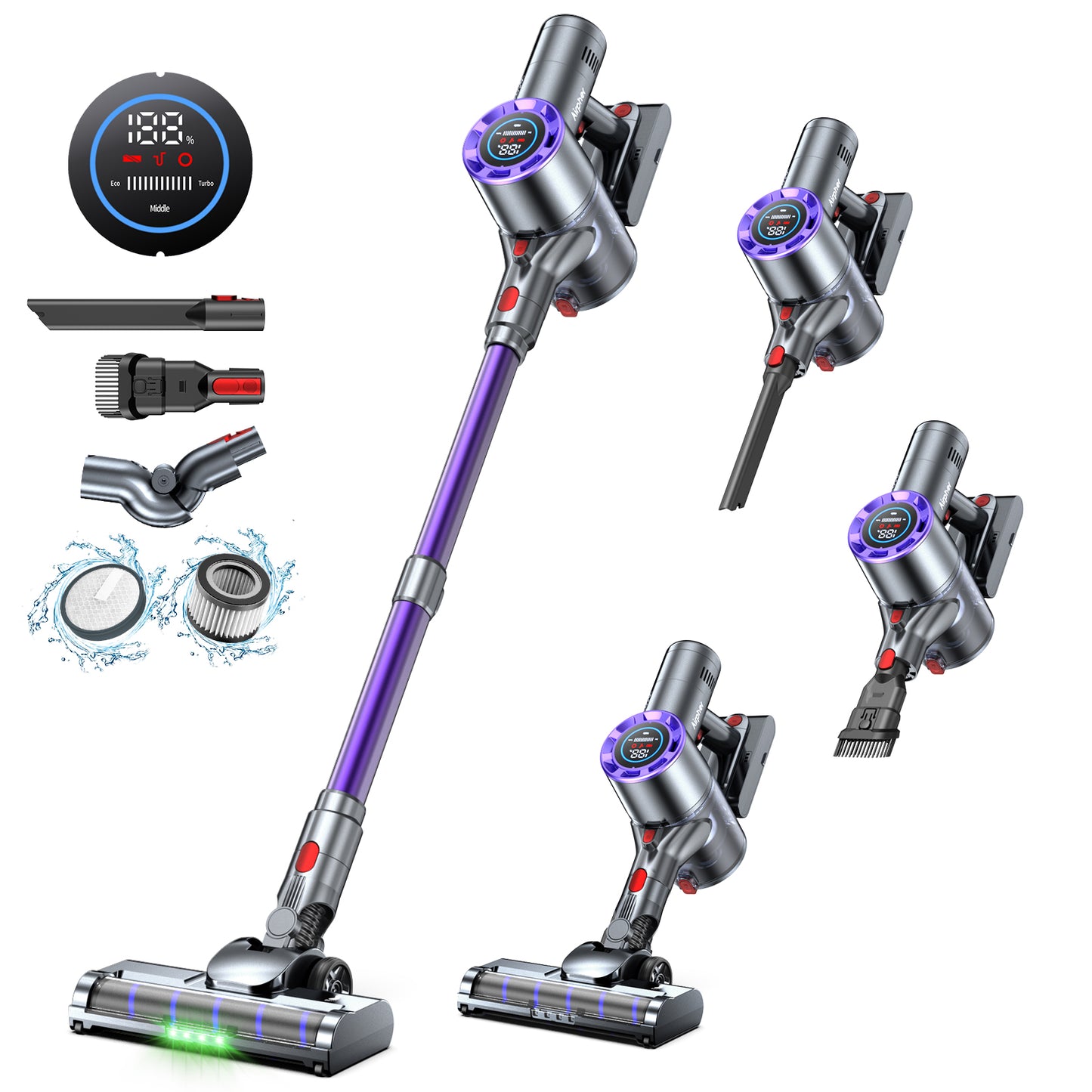 Airpher 掃除機 コードレス【55KPa超強吸引&自立式&LEDディスプレイ搭載&収納充電スタント付き】スティック掃除機 60分連続稼働 4つの緑LEDライト付き 大容量 着脱式バッテリー 4.5h急速充電 550W HEPAフィルター 軽量 ワンタッチゴミ捨て 絡まないヘッド