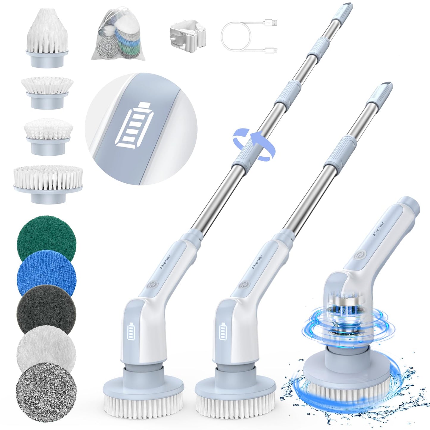 Airpher【11in1＆IPX8防水】バスポリッジャー 電動お掃除ブラシ 電池残量表示 9つ替えブラシ付き お風呂掃除ブラシ デッキブラシ コードレス型 軽量 4段階長さ調整可能 2600mAh 120分間連続使用 収納袋付き 風呂 浴室 浴槽磨き トイレ掃除 床 窓 壁 玄関 車の掃除 年末掃除 PSE認証済み 日本語説明書付属