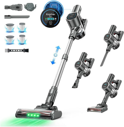 掃除機 コードレス 【2026衝撃的デビュー！105kPa真超強力吸引！・ADS（AI Dust Sensor）・自立式】Airpher コードレス掃除機 強力 60分連続運転 着脱式バッテリー 自走式 LED液晶ディスプレイ 軽量 低騒音 伸縮パイプ 7重濾過システム 3H急速充電 hepaフィルター 1L集塵 壁掛け収納 充電式 LEDライト付 ソファー/卓上/本棚/車 3年保証 プレゼント