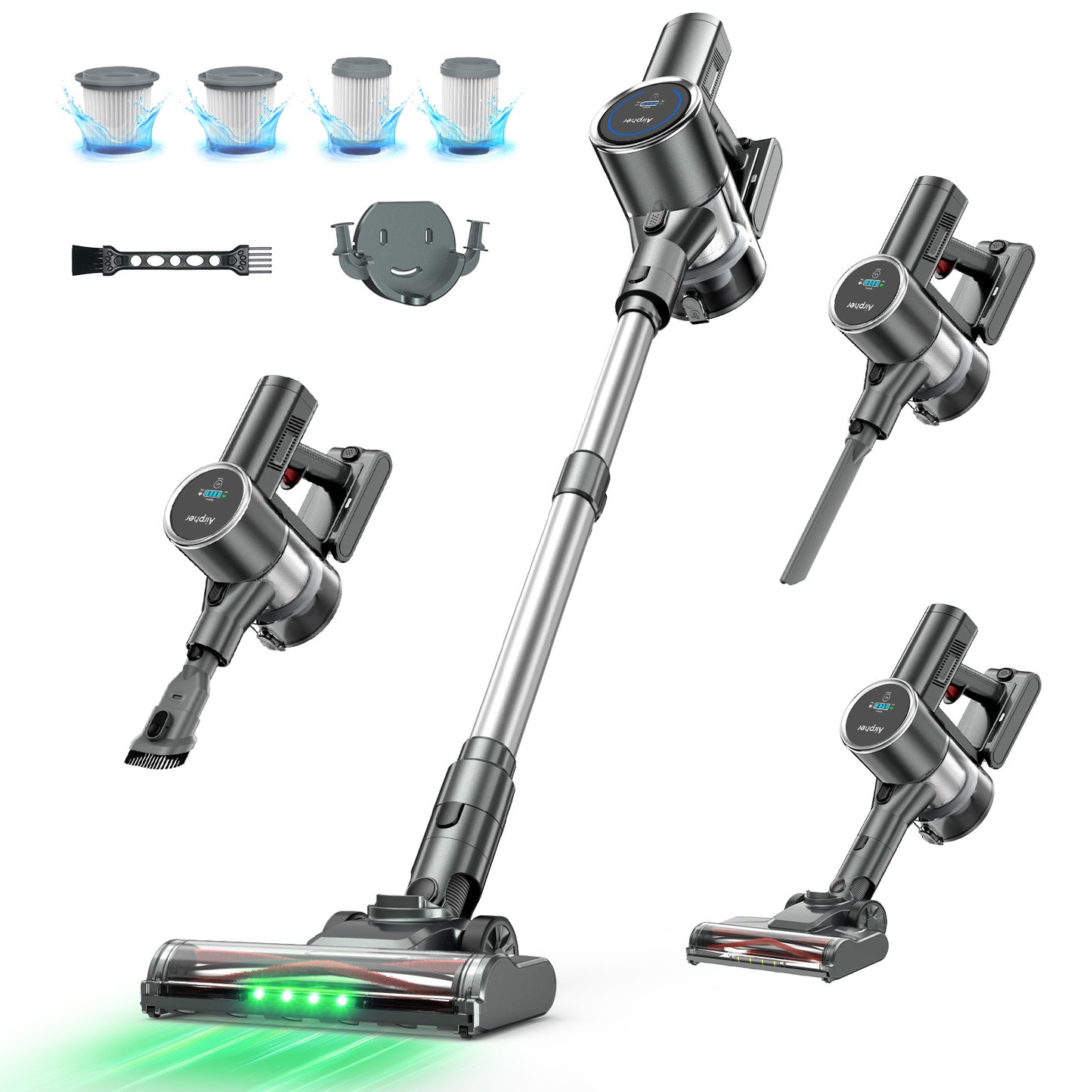 掃除機 コードレス 【強力吸引70kPa・自立式・新登場！】Airpher コードレス掃除機 強力 60分連働 LED液晶ディスプレイ 軽量 低騒音 伸縮パイプ 5重濾過システム 3H急速充電 1L集塵 自立可能 着脱式バッテリー 壁掛け収納 充電式 左右180°上下90°回転 LEDライト4つ付 ワンタッチゴミ捨て ソファー/卓上/本棚/サッシ/車 年内掃除 父の日 プレゼント (灰色)