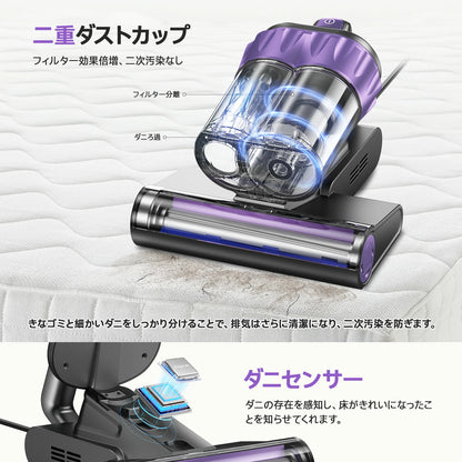 布団掃除機 布団クリーナー 16,000Pa 強力吸引力 HEPAフィルター UV除菌 ウイルス除去 ダブルダストカップ 温風乾燥 ダニ退治 ハウスダスト対策 ペットの毛 花粉症対応 コード式 ベッド 梅雨 カビ対策