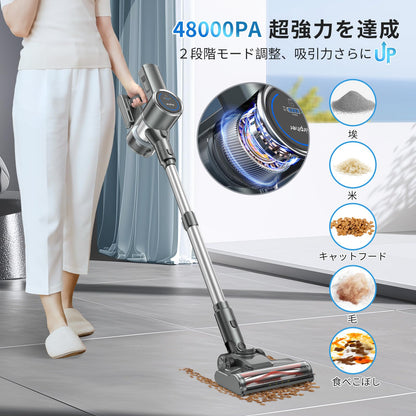 掃除機 コードレス 【48000pa強力吸引・自立式・60分連続稼働】Airpher コードレス掃除機 48kPA 40-60分連働 LED液晶ディスプレイ 軽量 低騒音 伸縮パイプ 5重濾過システム 1L集塵 自立可能 着脱式バッテリー 壁掛け収納 充電式 左右180°上下90°回転 LEDライト4つ付 ワンタッチ ゴミ捨て ソファー/卓上/本棚/サッシ/車 年末掃除 プレゼント